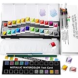 Conjunto de pintura de acuarela metálica, RATEL caja de pintura sólida de acuarela, 24 colores brillo pigmento sólido, Soluble y Mezclar bien, para niños, principiantes y profesionales