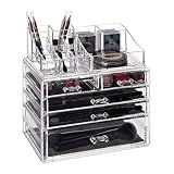 Relaxdays Organizador para Maquillaje, Cinco cajones, Caja de almacenaje para Brochas & Pintalabios, Transparente