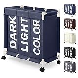 Veihaus Cesta de Lavandería con Ruedas 90L Cestos para la Colada 3 Compartimentos Canasta para la Colada Almacenamiento Multifunción Cesto de la Ropa Colector de Ropa para el Hogar (Azul Oscuro)