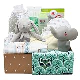 Kelzia Canastilla para Bebé Recién Nacido - Caja de Regalo de Bienvenida con Ropa de Algodón, Pañales Biodegradables, Peluche y Más - Vegano, Algodón Hipoalergénico - Unisex (BOX1)