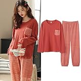 Pantalón Pijama Mujer,Casual Suelto Rojo Ladrillo Jacquard Celosía Bolsillo con Botón Cuello Redondo Pulóver Primavera Otoño Suave Y Cómoda Ropa De Dormir Conjunto De Pijama para Mujer Pantalo