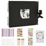 Álbum De Fotos Scrapbook Negro, 80 Páginas Negras DIY Scrapbooking Album Set con 2pcs Photo Corners 6pcs Pegatinas 5pcs Plantillas 12 Rotuladores de Colores, para Boda Aniversario Cumpleaños Navidad