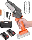 Mini Motosierra Eléctrica Bateria, Sierra Electrica de Mano a Batería de 4'/10cm con Bloqueo de Seguridad, Cadena Motosierra de Mano para Cortar Madera, Jardinería y Podar (Incluye 2 Pilas, 3 Cadenas)