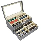 Kurtzy Caja para Gafas con Llave - Organizador de Gafas 2 Niveles y 12 Compartimentos para 12 Gafas, Gafas de Sol, Anteojos, Gafas para Leer - Organizador Gafas de Color Gris
