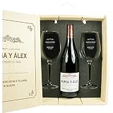 Calledelregalo Regalo Personalizado para Parejas: Kit con Botella de Vino + Copas de Vino + Caja de Madera, Todo ello Personalizable con Nombres, Fecha y dedicatoria