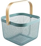 HOJKMA Cesta de almacenamiento de malla de acero con asa de madera, alambre de metal multifuncional para colgar, cesta de cocina, cesta de frutas, ideal para cocina, baño, compras, color azul