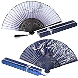 JNCH 2pcs Abanico Plegable de Mano Abanicos Bambú y Seda Ventilador de Mano Japones Patrón Sakura Mariposa Flor de Ciruelo con Cajas de Regalo para Boda Baile Fiesta Ceremonias Regalos Verano