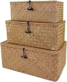 Juego de 3 cestas de mimbre con tapas, organizador rectangular tejido de ratán natural, cestas de lavandería, organizador de maquillaje para dormitorio, armario, sala de estar, hogar