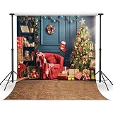 LYWYGG 10x10FT Árbol de Navidad Regalo Telón de Fondo Interior de Navidad Sofá Rojo Pared Azul Oso Lindo Fotografía Telones de Fondo para Niño CP-75