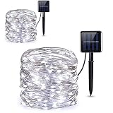 Sunboia Luces LED Navidad Solar 2 Paquete 100 LEDs 10m Guirnalda Luces Solares Exterior Impermeable Iluminación Alambre de Cobre para DIY Navidad Jardín Ventana Valla Boda Decoración,blanco frio