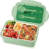1400ml Caja de Almuerzo de Plástico Verde,Caja de Bento con 3 Compartimentos y Cubiertos (Tenedor y Cuchara), adecuada para hornos de microondas y lavavajillas, salud duradera (Verde)