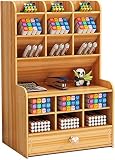 Organizador de Escritorio de Madera Papelería Multifuncional Caja de Soporte de Bolígrafo para Oficina en Casa Rack de Almacenamiento de útiles Escolares con Cajón (Cereza-b16)