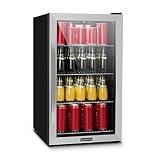 Klarstein Beersafe 4XL - Mini Nevera, Nevera pequeña bebidas 124L, Refrigerador Silencioso, Puerta cristal, Iluminación LED, Acero inoxidable, Clase G, 48 x 85 x 60 cm, Frigorificos pequeños, Negro