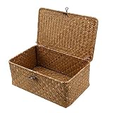Esoes - Cesta de mimbre de almacenamiento de mimbre tejida con tapas, cestas de lavandería, organizador de maquillaje para baño, sala de estar, cocina, marrón, Large
