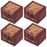 Caja de joyería de 4 piezas, cofre del tesoro pequeño, caja hecha a mano vintage, caja de anillos de madera, caja con mini cerradura de metal para guardar joyas, tesoros