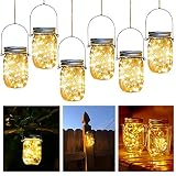Linterna Solares Exterior, ZVO 6 Pzs LED Lámparas Solar al Aire Libre, Farolillo Colgante Interiores, Mason Jar Tarro Cristal IP65 Impermeables Decoración para Jardín Bodas Vallas (Blanco Cálido)