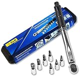 S&R Llave Dinamométrica para Bicicletas y Motos 1/4 '(5-25 Nm) 27,2 cm + 7 Puntas Allen Torx: H10, H8, H6, H5, H4, H3, T25 en acero Cr-V - Juego Profesional y Completo
