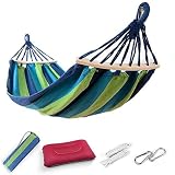 EASY EAGLE Hamaca Colgante de Tela con 60CM Travesaños de Madera, 220x120CM Hamacas Grande para Jardín Acampada Exterior, 300KG Carga, Rayas Azul-Verdes
