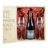Calledelregalo Regalo para jubilación: Kit Personalizado con Botella de Vino + Copas de Vino en Caja de Madera