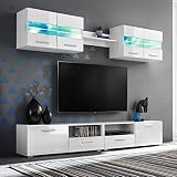 Tidyard 5 Piezas Mueble Salón Comedor Moderno Mesa para TV Mueble TV de Pared con LED y Puertas Plegables Estilo Contemporáneo Blanco Brillante