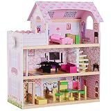 HOMCOM Casa de Muñecas con 13pcs Muebles Mobiliario Casita Muñeca Juguete Madera 3 Pisos Casa de Juguete Bella de Madera 60x30x71.5cm
