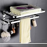 XIAJIA Doble Barra de Toalla,Estante de Almacenamiento Plegable montado en la Pared con 4 Ganchos,40cm x 24cm x 19.5cm,Sus 304 Acero Inoxidable,90 Grados de rotación,Impermeable Completo (Plata)
