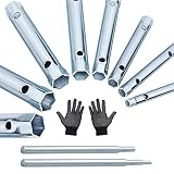 EMAGEREN 10 PCS Llaves de Tubo Huecas Llave de Caja de Grifo 6-22mm Juego de Llaves de Tubo Huecas de Acero con Barra y Guantes Antideslizantes para Instalación y Mantenimiento de Grifos de Agua