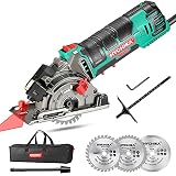Sierra Circular, HYCHIKA Mini Sierra Circular de Mano 500W 4500RPM, 3 Hojas de Sierra de 30T + 36T+Diamente, Ideal para Cortar Azulejo, Madera, Metal Blando, Plástico