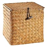 Hemoton Cesta de Almacenamiento de Paja de Ratán con Tapa de Botón Caja Cuadrada de Almacenamiento de Mimbre Caja con Organizador de Cubierta Decoración de La Mesa del Hogar (Pequeña)