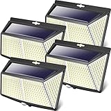 Luz Solar Exterior,【4 Pack/ 308LED】LOTMOS 3 Modos Más Brillante Lluminación Focos LED Exterior Solares Impermeable IP65 Luces Solares con Sensor de Movimiento Aplique Lampara Solar para Jardin