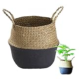 YSGLIFE Cesta para el Vientre Tejida a Mano de Ratán, Hierba Marina, Cubierta de Macetas Decorativas para Interiores, También para Almacenamiento Lavandería Picnic y Florero de Jardín(Pequeño, Negro)