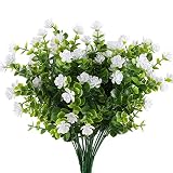 MIHOUNION Ramas eucalipto Plantas Verdes Artificiales Flores de plastico Arbusto plastico Plantas Falsas para Exterior Interior Gancho Balcon decoración jarrones 4pcs (Blanco& Verdes)