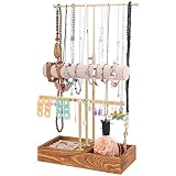 Soporte organizador de joyas de 3 niveles con base de madera, soporte de collar de altura ajustable y soporte de exhibición de barra en T, gran almacenamiento para collares, pulseras,pendientes,anillo