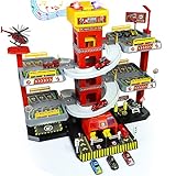Fajiabao Parking Coches Juguete - Garaje Coches Juguete, Juguetes Niños Niñas 3 4 5 6 Años Infantil Parque de Bomberos con Pista de Coches 4 Camión de Bomberos Pascua Juguete 8 Pequeños Coches