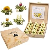 Creano Flores de Taza de Té en Tamaño de Taza, Juego de Regalo en una Caja de Té de Madera, 12 Flores de Taza de Té de 4 Tipos diferentes | Té blanco