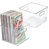 mDesign Juego de 2 Cajas organizadoras de plástico cuadradas – Cajas para cómics, revistas, periódicos, Libros, etc. – Organizadores de Libros con Asas incorporadas – Transparente