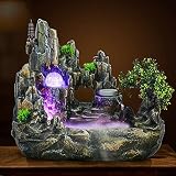 Fuente de interior Feng Shui, fuente con bola de cristal LED y pulverizador, fuente de mesa con piedra decorativa y estanque, fuente de agua para escritorio, cascada