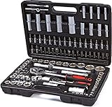 Maletin Estuche de herramientas 1/4' y 1/2' carracas, llaves, vasos, puntas, adaptadores, completo 108 piezas