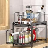 YunNasi Almacenaje Bajo fregadero 2 Niveles Organizador con cestas deslizantes Especiero con 2cajones Acero inoxidable Organizador para Cocina,Baño,Oficina (Negro)
