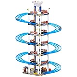 HOMCOM Parking Infantil de 7 Plantas Garaje de Juguete Incluye Ascensor Eléctrico con Luz y Sonido Doble Pista y 4 Coches de Carreras para +3 Años 64x59x113 cm Azul y Blanco