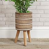 MAISONICA Macetero de arcilla con patrón exótico marrón y blanco, patas de madera, 40,5 cm