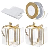 BENECREAT 30PCS Caja de PVC Plástico Transparente 9x9x9cm para Regalos con 2 Rollos Cinta Decorativa de 10mm de Ancho, Doradas y Plateadas Brillantes para Fiestas, Cumpleaños, Dulces