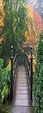 A.Monamour Pegatinas Decorativas de Puerta Autoadhesivo 3D Puente Peatonal De Madera En El Jardín De Otoño Japonés Árboles Vinilo para Puertas Mural PVC Pegatinas de Pared Foto Poster 90 x 200 cm