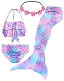 iLyberkiok Cola de Sirena 4 Piezas Trajes de Baño para Niñas Bikini de Natación Traje de Baño Regalo de Cumpleaños de Niña 3-12 años (sin monoaleta) (9-10 años,DH101+P)