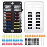 Kohree Fusibles Coche 12V 12 Vías Caja de Fusibles Portafusibles+ 24PCS Fusibles Coche 5A 10A 15A 20A con 12 Lampara de Alerta LED Kit para Coche Barco Marino Triciclo Furgoneta SUV 12V/24V