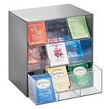 mDesign Organizador de cocina para bolsas de té, cápsulas de café, azúcar, etc. – Compacto organizador con cajones de plástico con 27 apartados – Mini cajonera con 3 cajones – gris y transparente