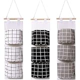ZEEREE 3Pcs Bolsa de Almacenamiento Colgante Pared con,Prima Tela Lino Colgando Organizador de Bolsas Encima los Puerta Armario para Cocina Dormitorio Baño-Impermeable y a Prueba de Humedad