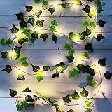 1 Piezas Hiedra Artificial, 2M Guirnalda Vines con 20 Luces LED, Planta Hojas de Vid Colgante, Enredadera Hojas Verdes para Jardín, Patio, Escalera, Interior y Exterior Decoración