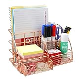 Comfook Organizador de Escritorio de Metal Multiusos, Oro rosa Organizador Escritorio con Cajones, Organizador de Oficina 6 Compartimentos de Malla, Organizadors de Almacenamiento