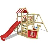 WICKEY Parque Infantil de Madera SeaFlyer con Columpio y tobogán Rojo, Casa de Juegos de jardín con arenero y Escalera para niños